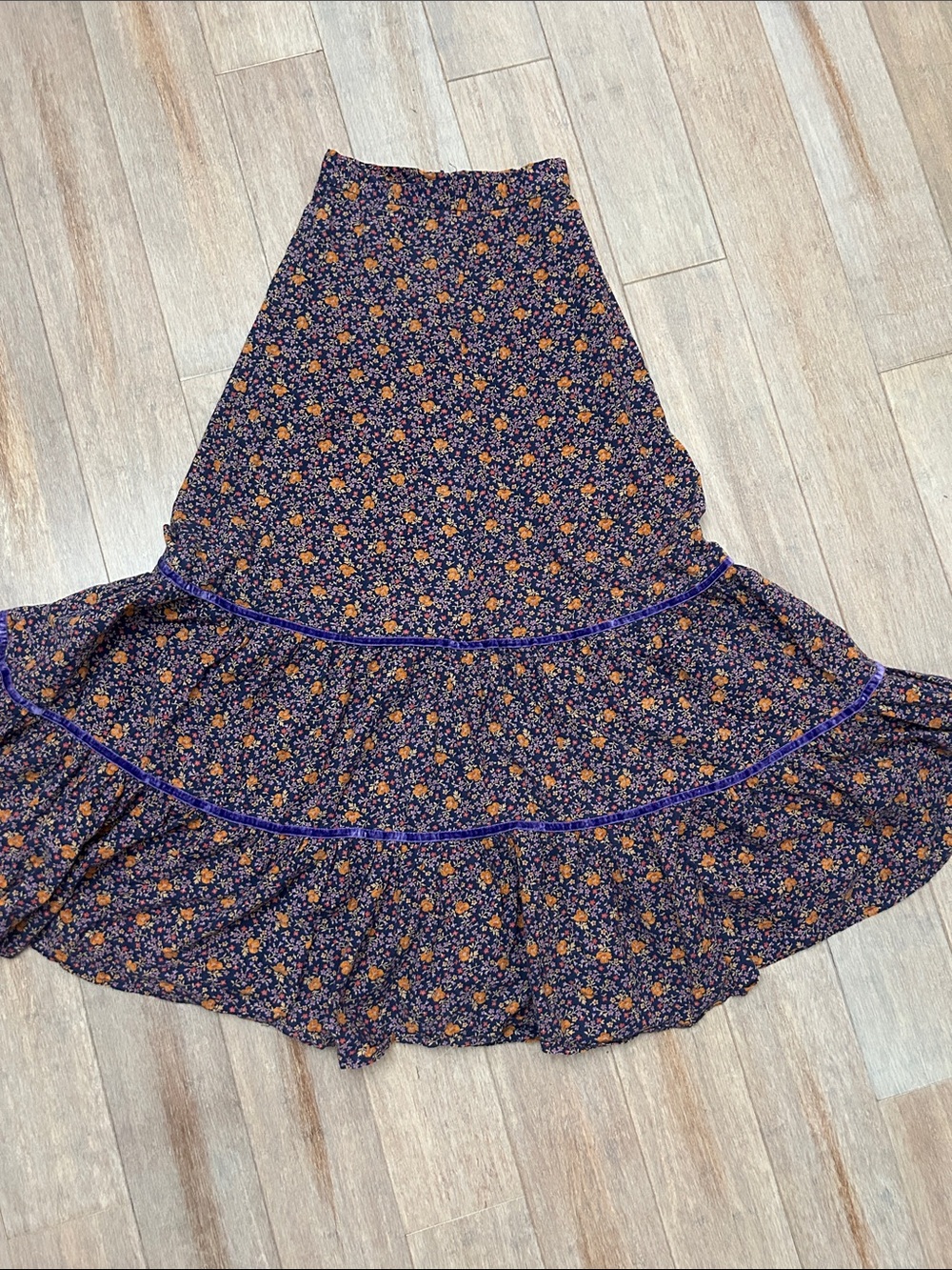 VTG Floral Tiered Maxi Skirt in Purple over Orange floral cottagecore whimsical